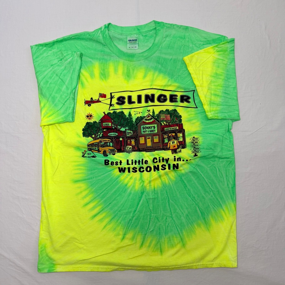 Slinger Wisconsin Tie Dye Shirt Mens XL Gildan Green Yellow City Graphic Tee